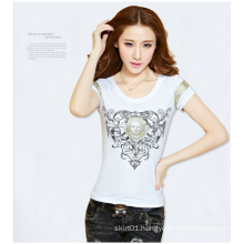 Knit Short-Sleeved Embroidery Women T-Shirt with Round Neckline